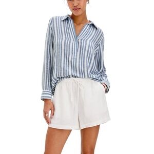 Rails Lagoon Jalisco Stripe Blue White Linen Blend V-Neck Top L Coastal Beach